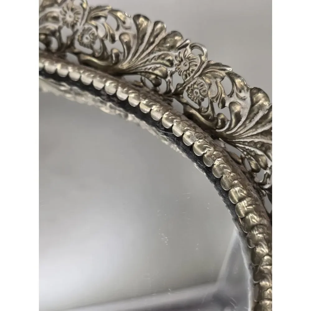 Vintage Hollywood Regency Silver Filigree Mirrored Vanity Tray Oval Dresser...